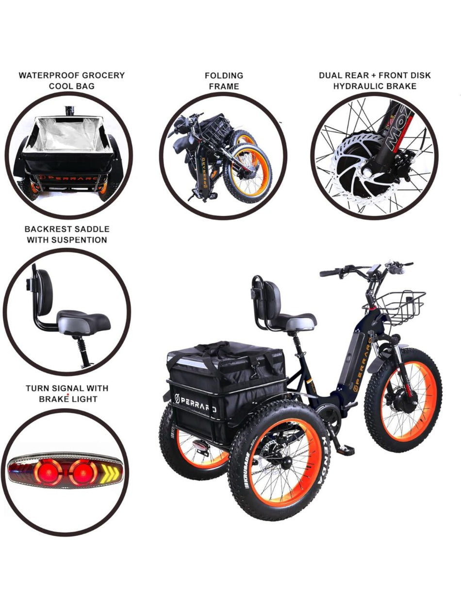 elektrisk trehjulssykkel Polar Ultra fatbike 500W 48V 15AH ryggstøtte