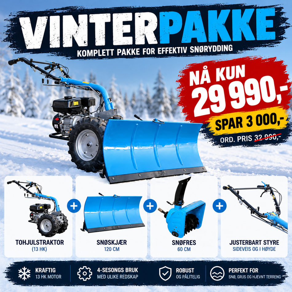 Vinterpakke-Tohjulstraktor med snøfreser og snøskjær