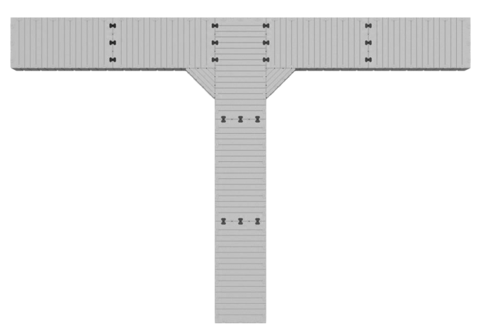 Marinabrygge Rotodock T-form 9x1,5 meter og 13,5x1,5 meter, flytekapasitet 9.450kg