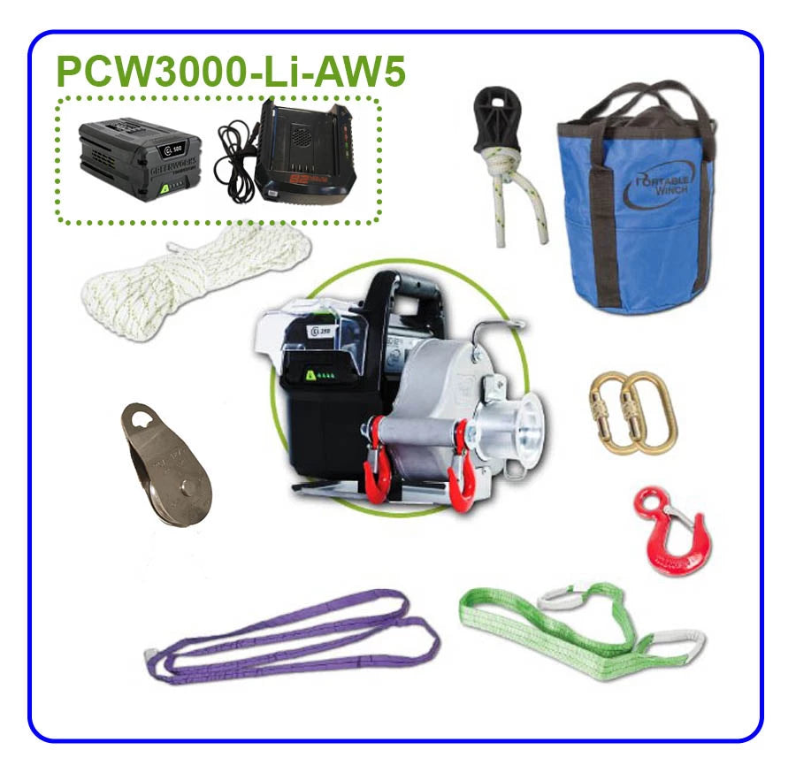 PCW3000-Li-AW5 Bærbar batteridrevet vinsj med tilbehør, 5A batteri og lader