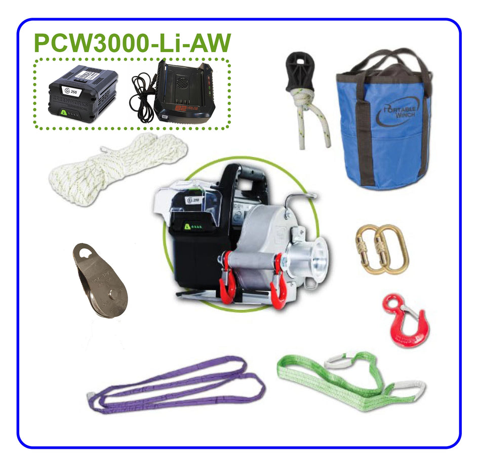 PCW3000-Li-AW Bærbar Batteridreven vinsj med tilbehør, 2,5A batteri og lader